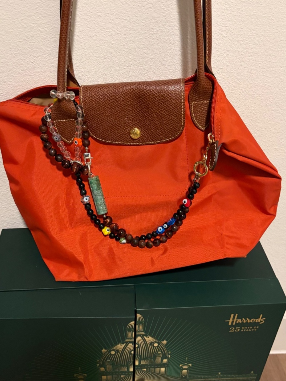 Longchamp Vibrant Orange Nylon Tote with Brown Leather Trim